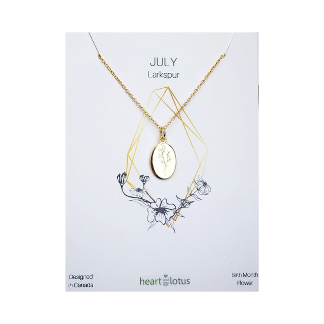 Heart and Lotus July Birth Flower Necklace in Larkspur + Gold