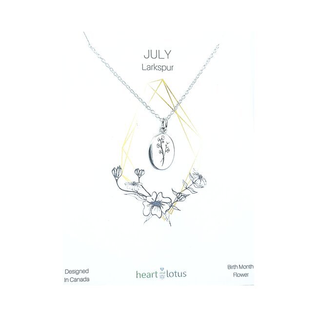 Heart and Lotus July Birth Flower Necklace in Larkspur +  Sterling Silver