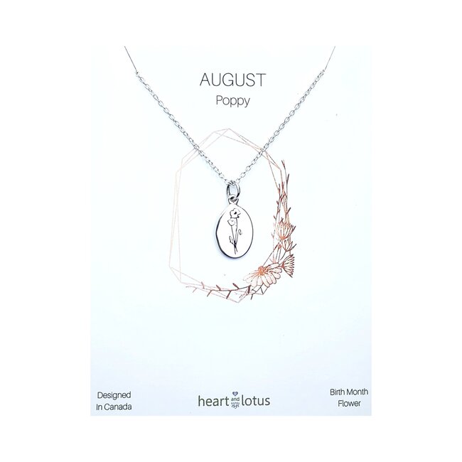 Heart and Lotus August Birth Flower Necklace in Poppy + Sterling Silver