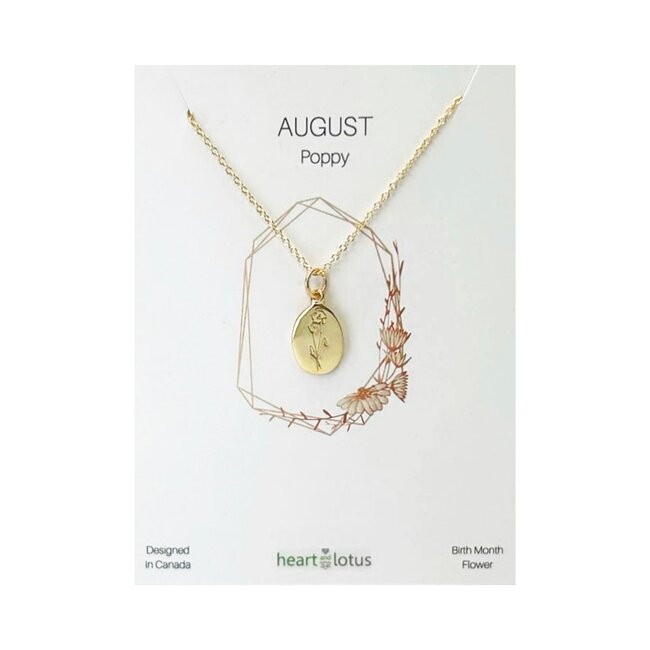 Heart and Lotus August Birth Flower Necklace in Poppy + Gold