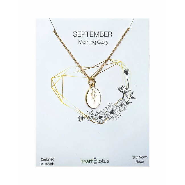Heart and Lotus September Birth Flower Necklace in Morning Glory Gold