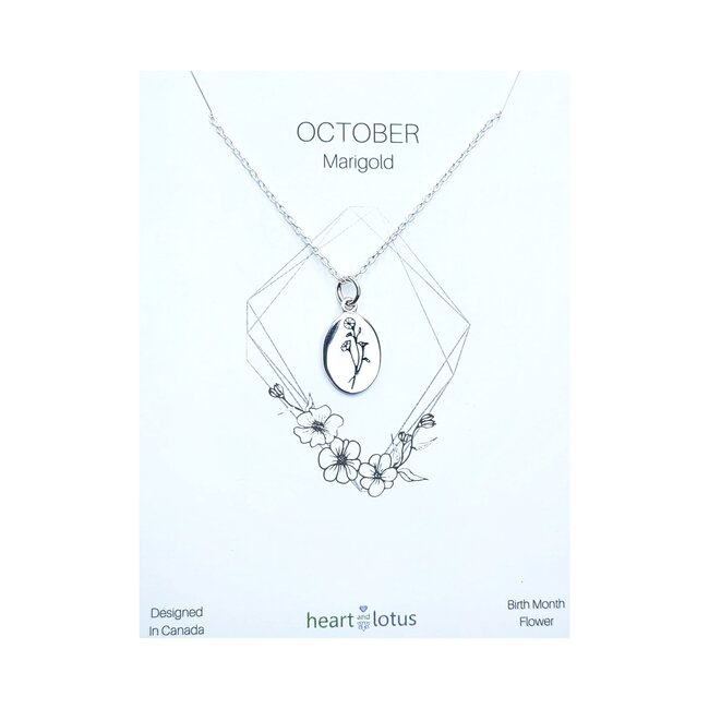 Heart and Lotus October Birth  Flower Necklace in Marigold + Sterling Silver