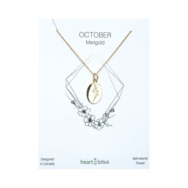 Heart and Lotus October Birth  Flower Necklace in Marigold + Gold