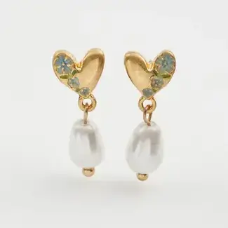 Fable England Forget-Me-Not Heart & Pearl Earrings Gold