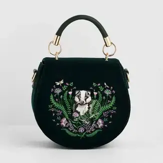 Fable England Badger Embroidered Green Top Handle Saddle Bag