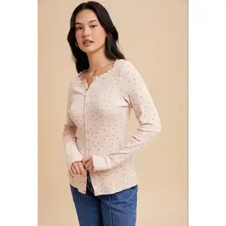 In Loom Ribbed Floral Button Top In Soft Pink