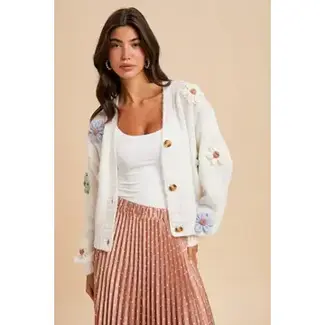 In Loom 3D Knitted Floral Applique Cardigan In Creme
