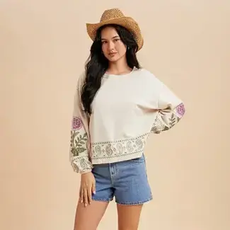In Loom Embroidered Long Sleeve Top In Oatmilk