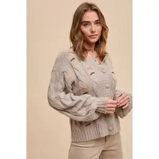 In Loom Embroidered Cable Knit Cardigan In Taupe