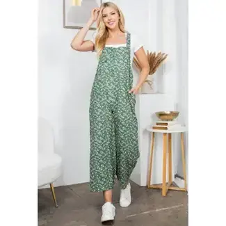 Green Floral Print Corduroy Overall