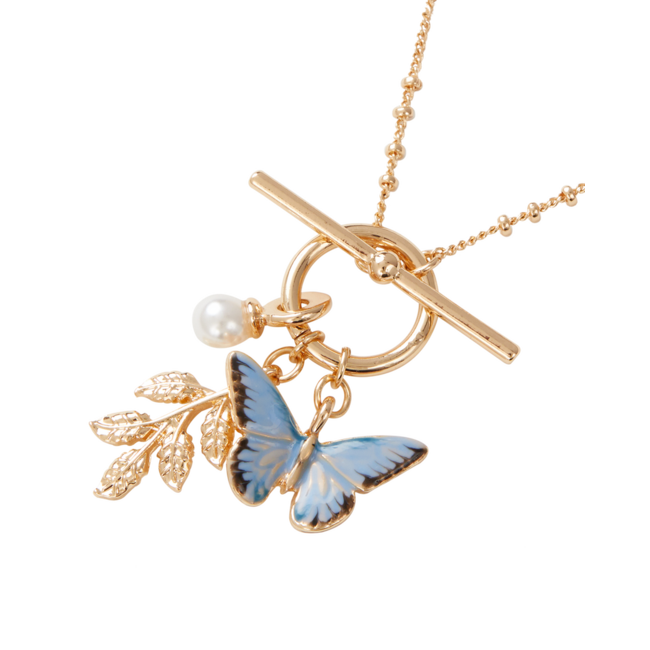 Fable England Enamel Blue Butterfly & Leaf Charm Necklace