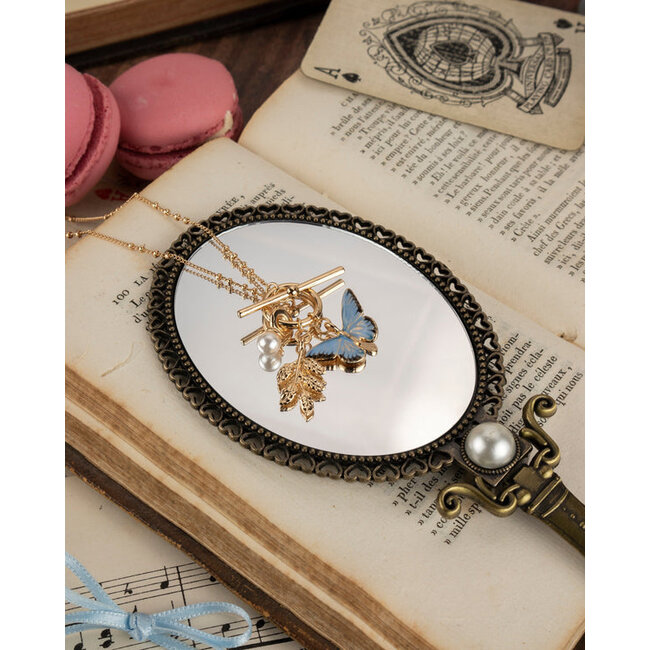 Fable England Enamel Blue Butterfly & Leaf Charm Necklace