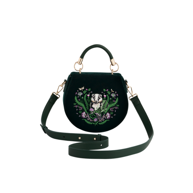 Fable England Badger Embroidered Green Top Handle Saddle Bag