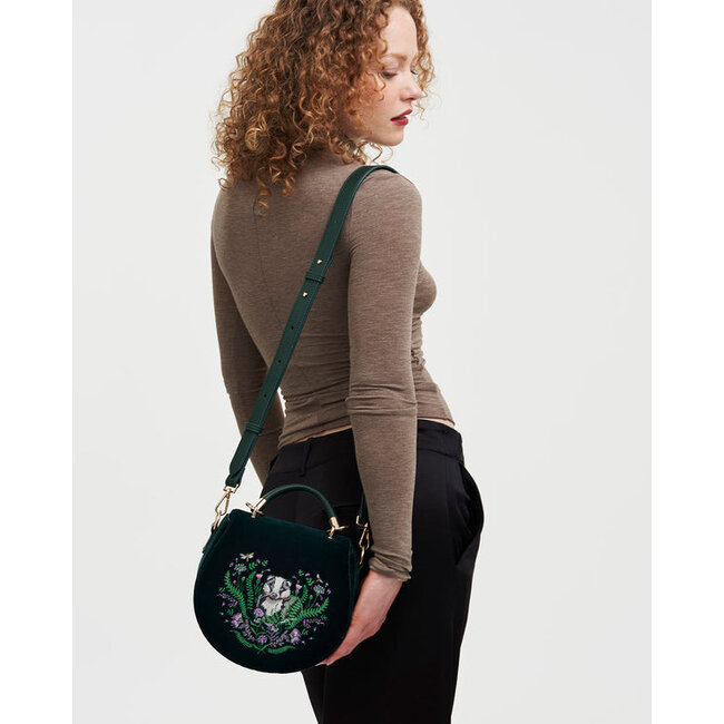 Fable England Badger Embroidered Green Top Handle Saddle Bag