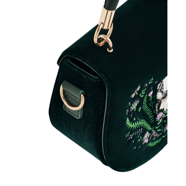 Fable England Badger Embroidered Green Top Handle Saddle Bag