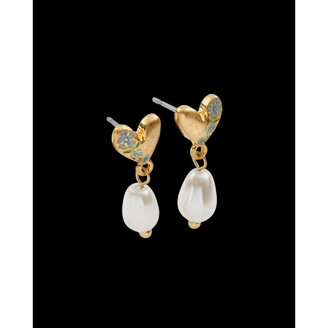 Fable England Forget-Me-Not Heart & Pearl Earrings Gold
