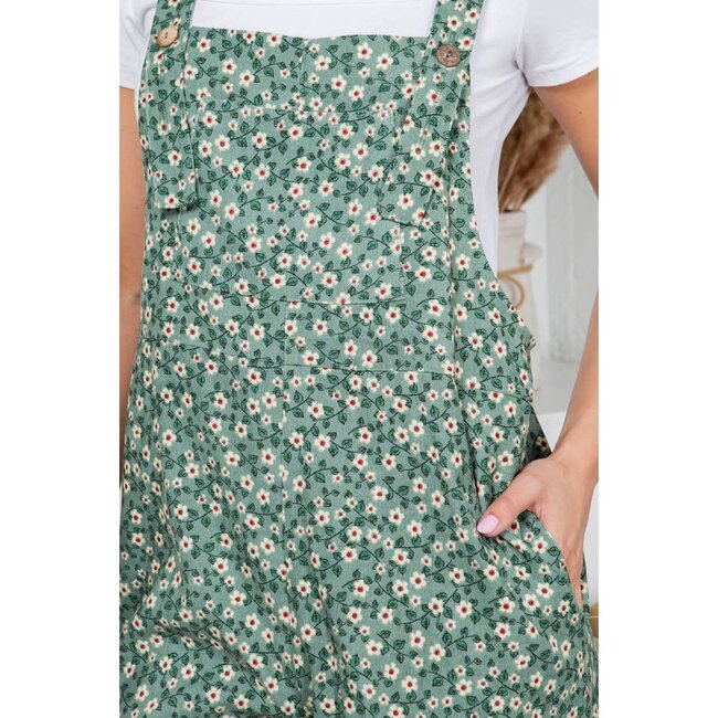 Green Floral Print Corduroy Overall