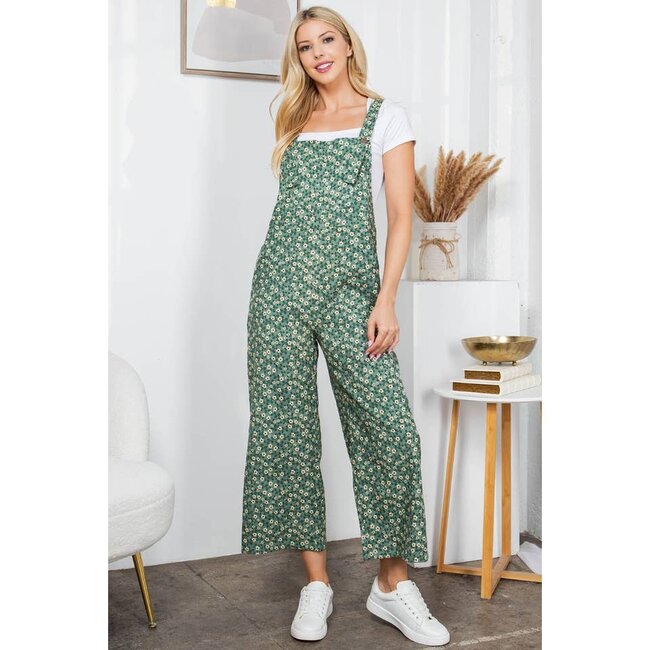Green Floral Print Corduroy Overall