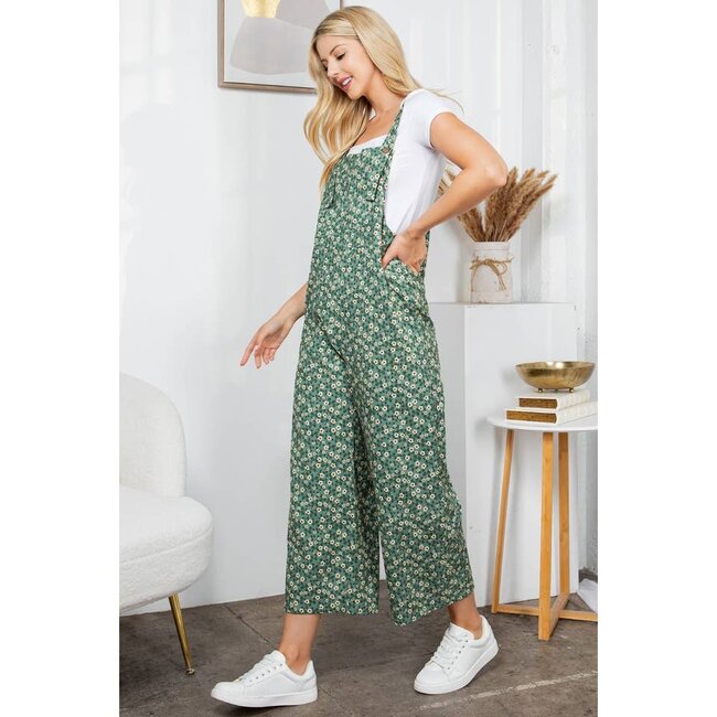 Green Floral Print Corduroy Overall