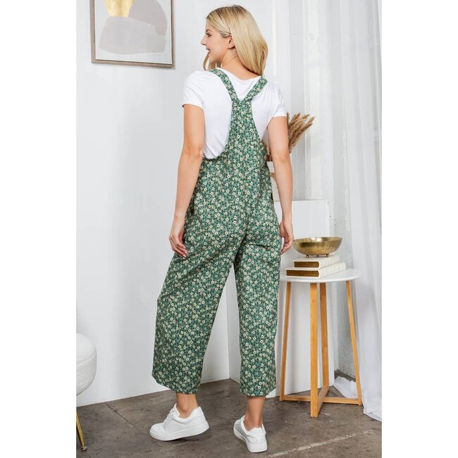 Green Floral Print Corduroy Overall