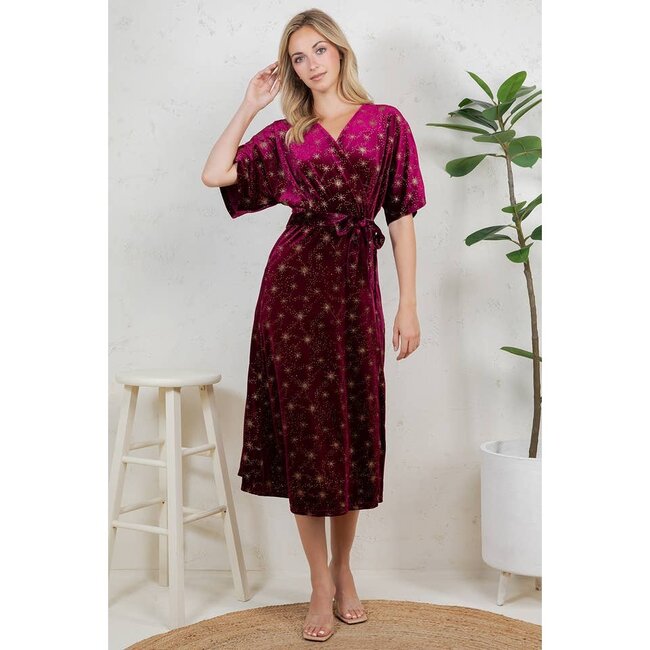 Golden Moon Star Velvet Wrap Midi Dress - Burgundy