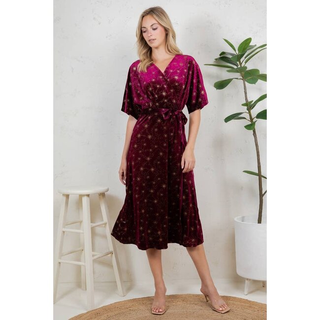 Golden Moon Star Velvet Wrap Midi Dress - Burgundy