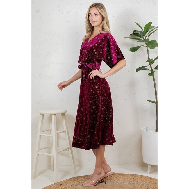 Golden Moon Star Velvet Wrap Midi Dress - Burgundy
