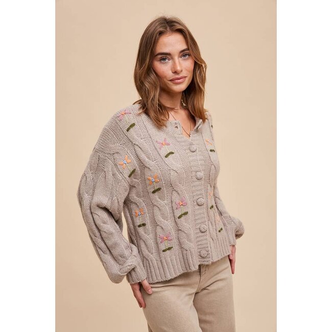 In Loom Embroidered Cable Knit Cardigan In Taupe
