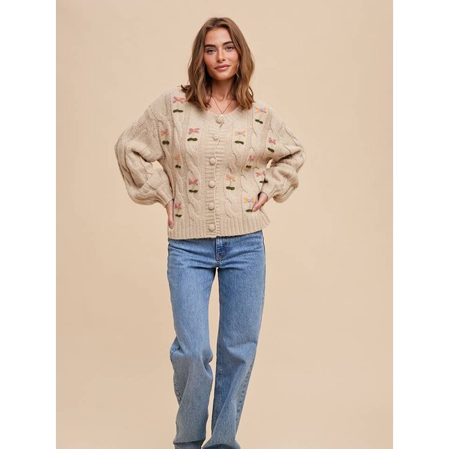 In Loom Embroidered Cable Knit Cardigan In Taupe