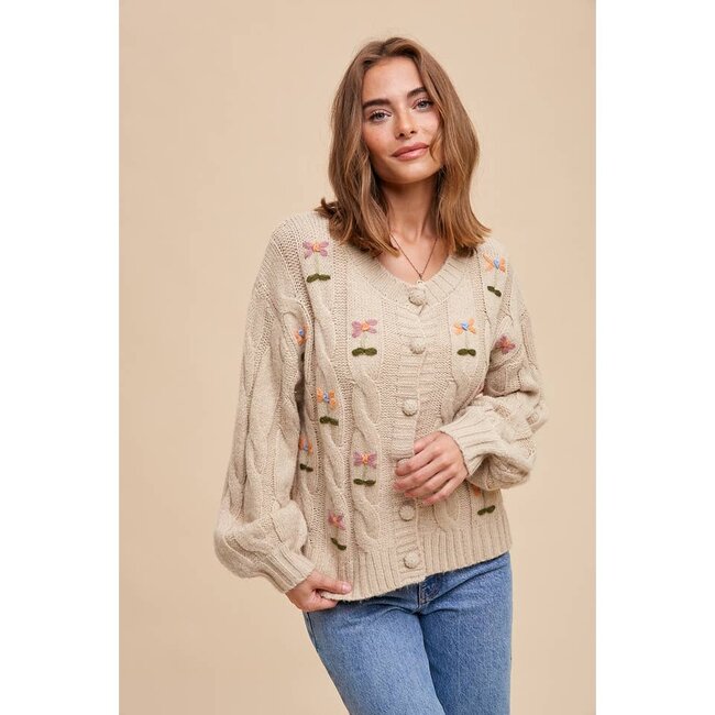 In Loom Embroidered Cable Knit Cardigan In Taupe