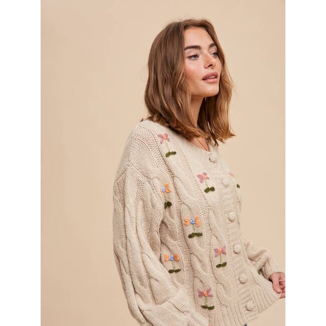 In Loom Embroidered Cable Knit Cardigan In Taupe