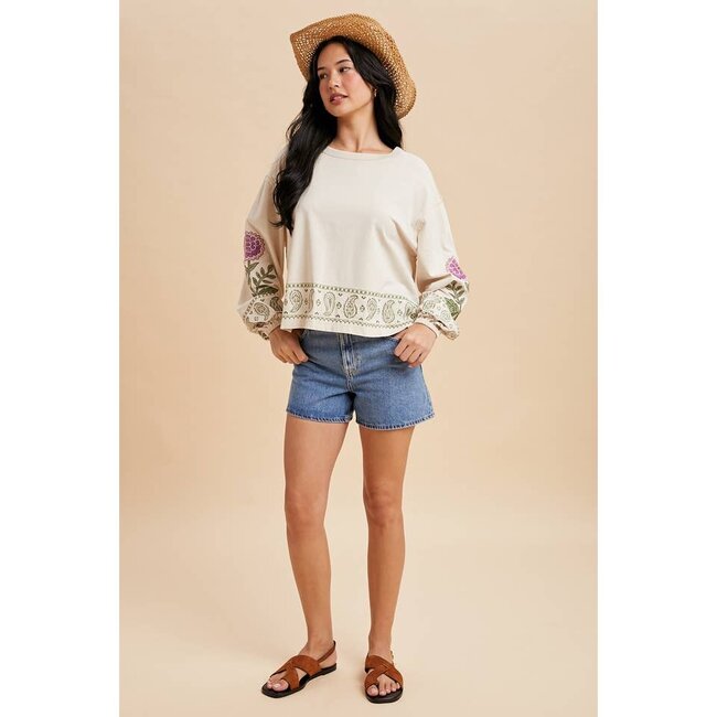In Loom Embroidered Long Sleeve Top In Oatmilk
