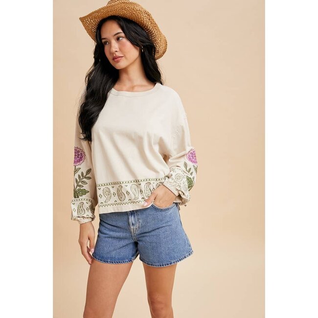 In Loom Embroidered Long Sleeve Top In Oatmilk