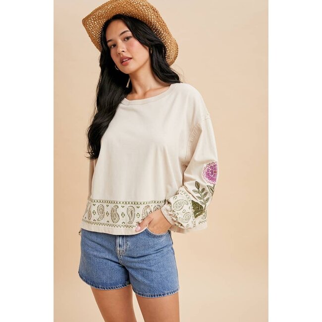 In Loom Embroidered Long Sleeve Top In Oatmilk