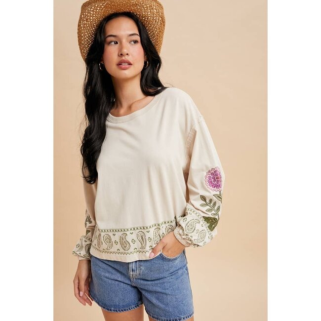 In Loom Embroidered Long Sleeve Top In Oatmilk