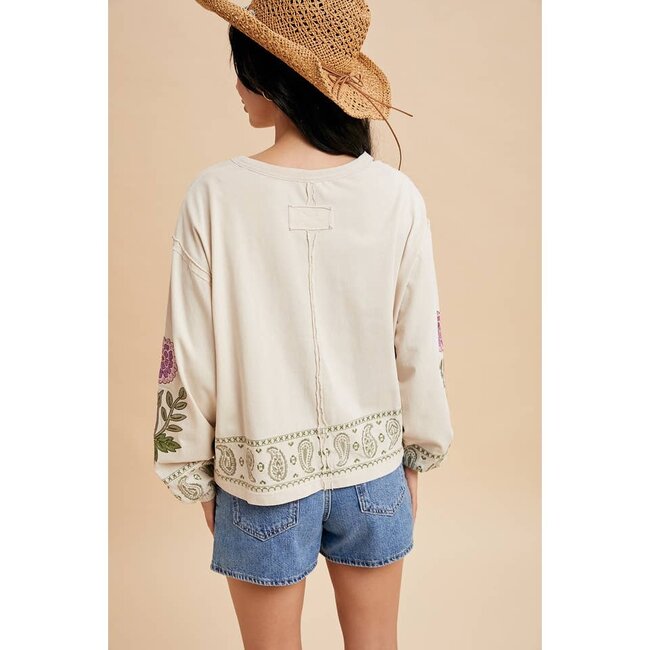 In Loom Embroidered Long Sleeve Top In Oatmilk