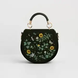 Fable England Sunflower Green Velvet Embroidered Top Handle Bag