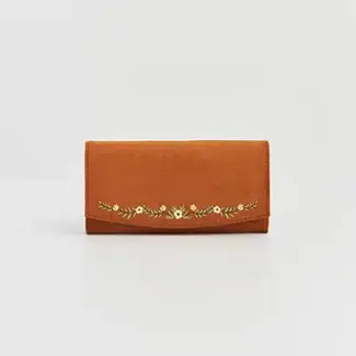 Fable England Floral Tan Faux Suede Embroidered Purse