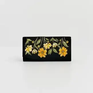 Fable England Botanical Black Velvet Embroidered Purse