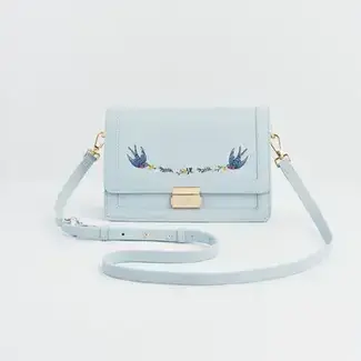 Fable England Bird Blue Embroidered Foldover Bag