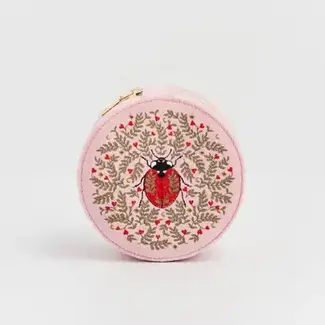 Fable England Ladybug Pink Velvet Embroidered Circle Jewellery Box