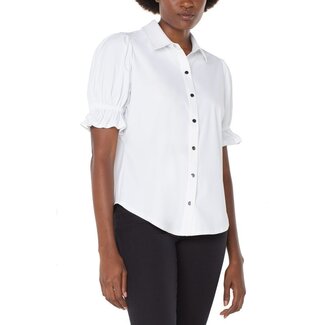 Liverpool Los Angeles Elbow Puff Sleeve Snap Front Knit Shirt In White