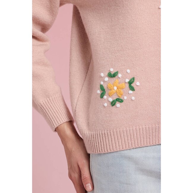 Rosie Posie Light Pink Sweater with Embroidered Flowers