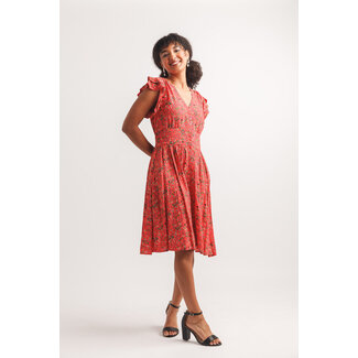 Papillon Floral Button Front Dress With Pockets In Coral