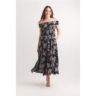 Papillon Leaf Print Smocked Off The Shoulder Maxi Dress In Navy