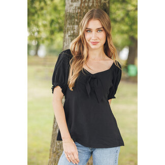 Papillon Black Puff Sleeve Blouse With Elastic Back Bow Detail