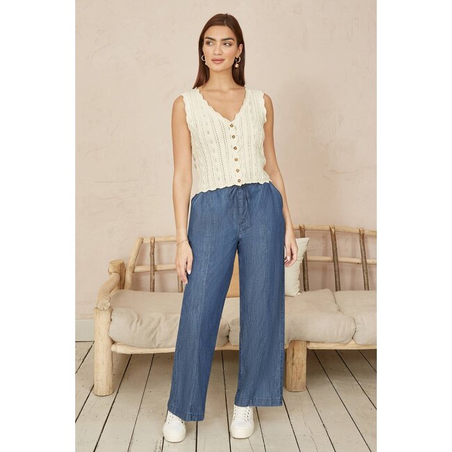 Yumi Beige V Neck Button Down Crochet Knitted Top