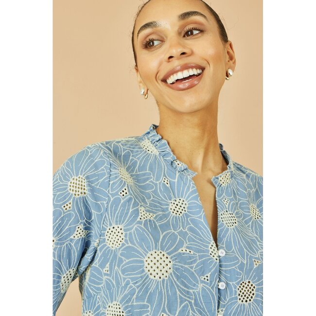 Yumi Blue Daisy Broderie Shirt With Fluted Sleeves
