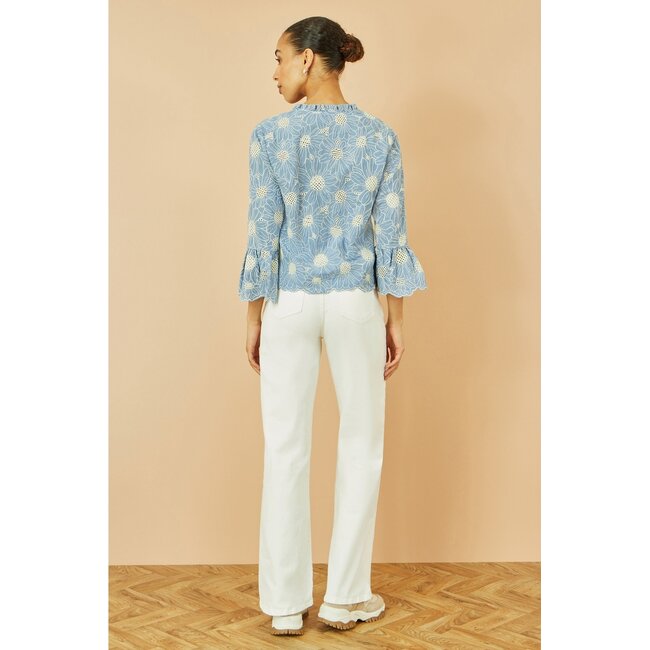 Yumi Blue Daisy Broderie Shirt With Fluted Sleeves