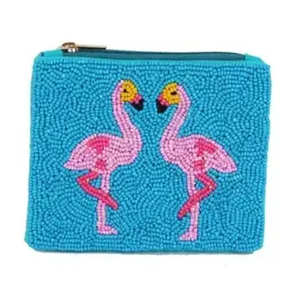 Coin Purse - Fully Beaded Blue Flamingo Theme